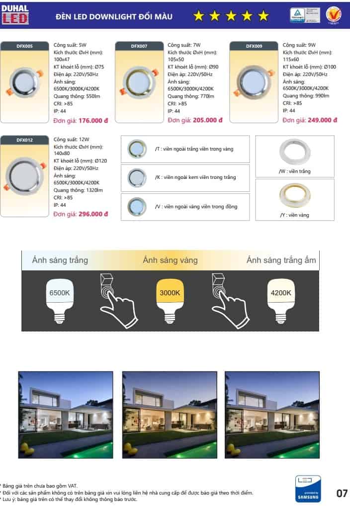 bang gia den led downlight doi mau