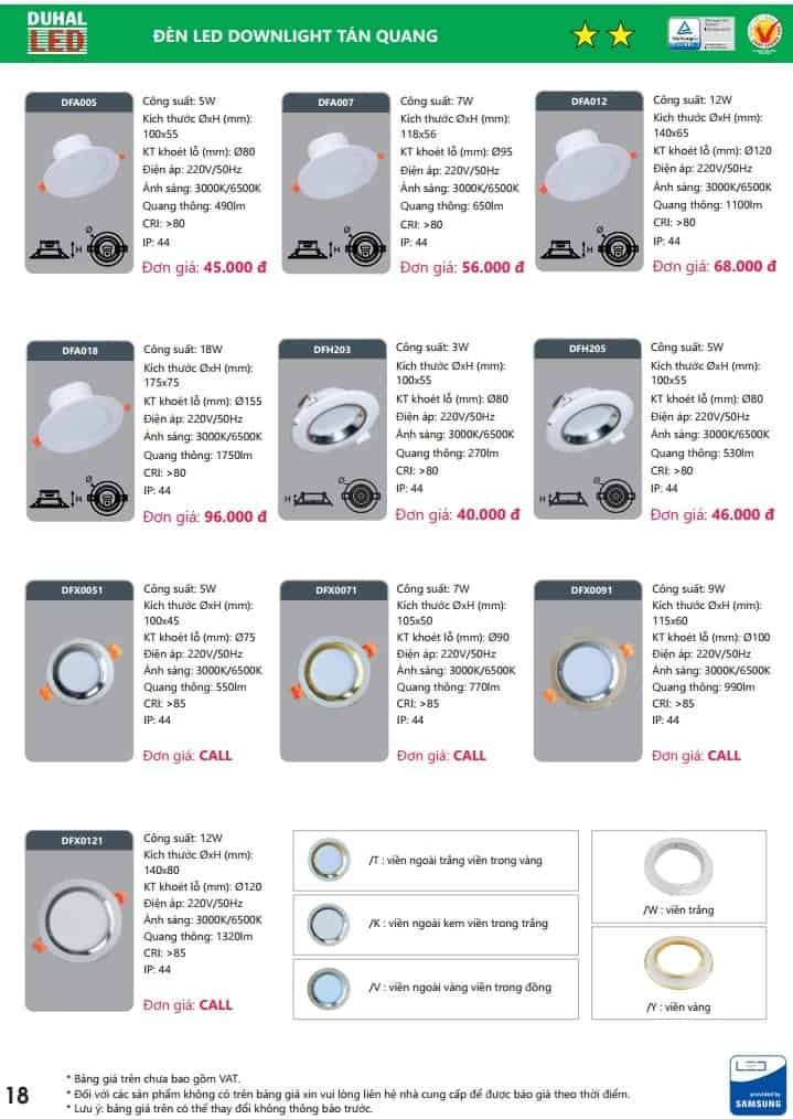 bang gia den led downlight tan quang