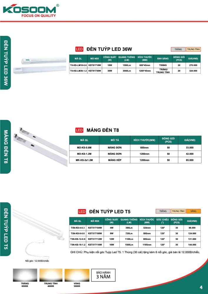 Bang Gia Den Led Tuyp Kosoom